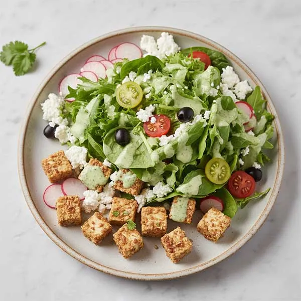 Pecan Crusted Cottage Cheese Salad With Lettuce, Cherry Tomato, Olives And Cilantro Lime Dressing